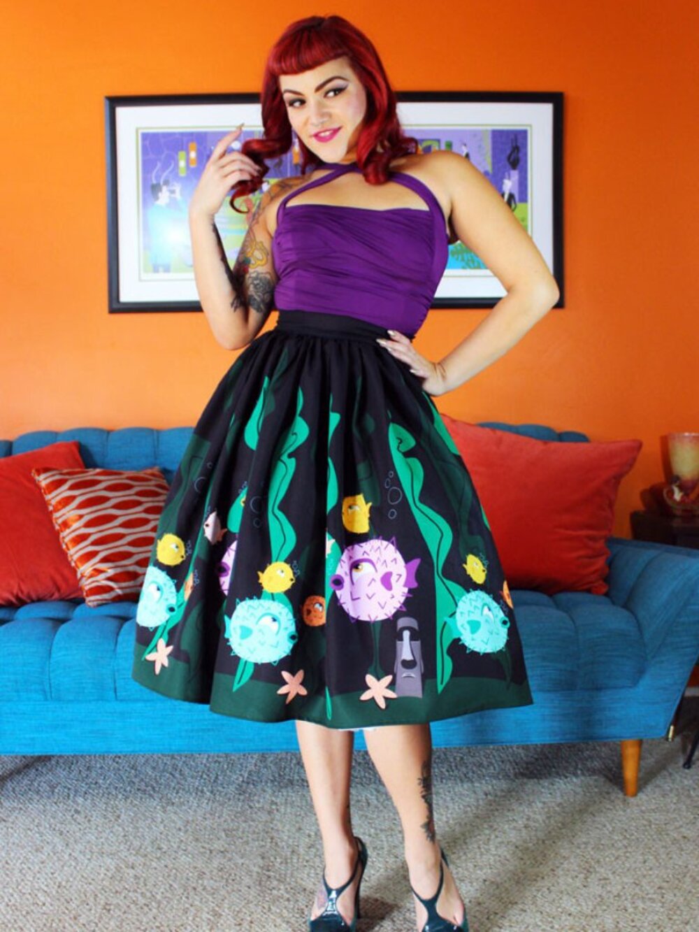 Puffer Fish Novelty Print Circle Skirt Oblong Box Shop XL Retro Pinup